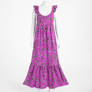 LOFT Maxi Dress Womens 6 Purple Floral Ruffle Sleeves Smocked Boho Casual Summer